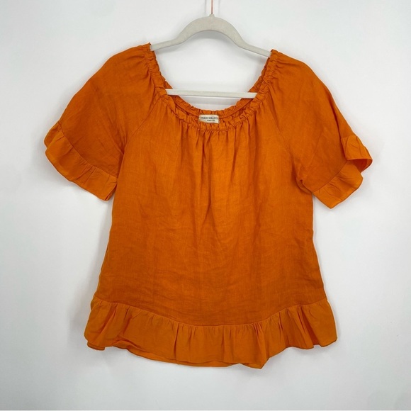 Terzo Millennio Blouse small 100% Linen Orange Italian Top Boho Ruffles - Picture 1 of 7